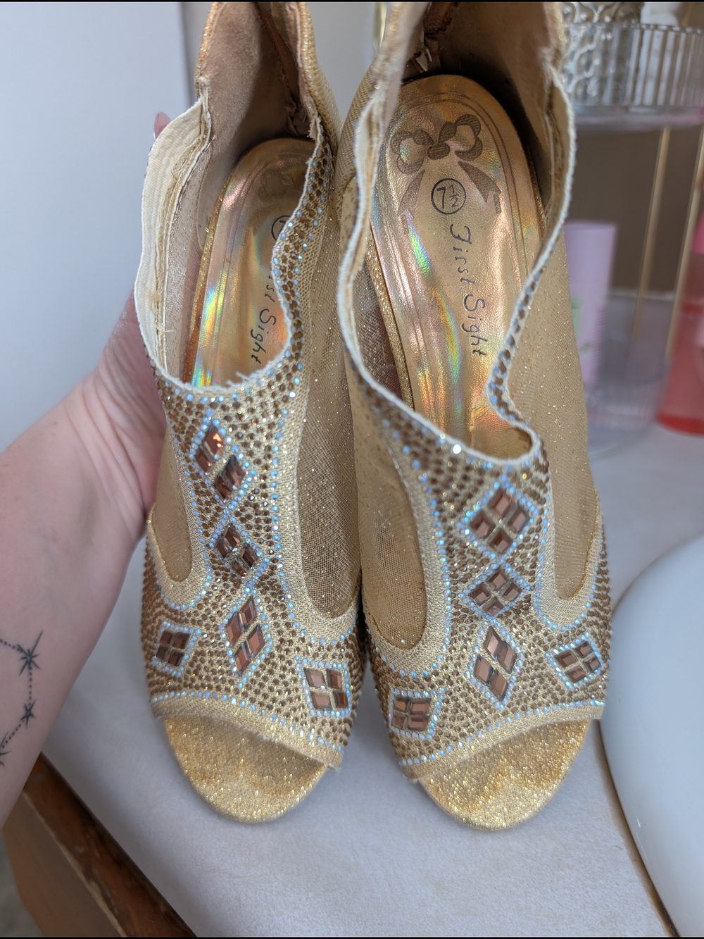 Gold Embellished Peep-Toe Women's Heels - Picture 6 of 8